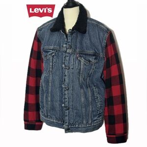 COZY! NWOT LEVIS Unisex Trucker Flannel/Denim Combo Jacket w/ Sherpa Size Small